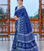 Blue printed cotton saree with blouse piece