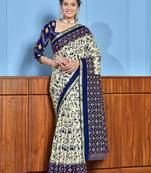 Blue printed cotton saree with blouse piece
