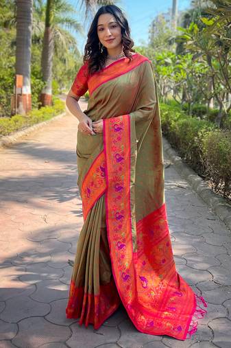 Olive green woven paithani silk women's saree with blouse piece