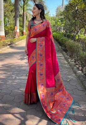 Pink woven paithani silk women's saree with blouse piece 1