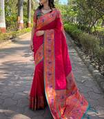 Pink woven paithani silk women's saree with blouse piece