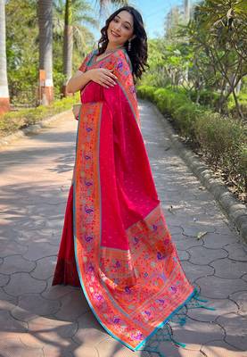 Pink woven paithani silk women's saree with blouse piece 2