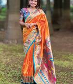 Orange paithani silk saree with unstitched blouse piece