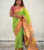 Lime green paithani silk saree with unstitched blouse piece