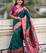 Teal paithani silk saree with unstitched blouse piece