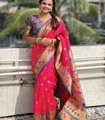Pink paithani silk saree with unstitched blouse piece