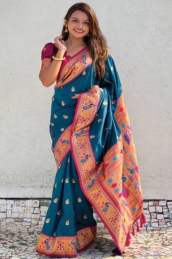Teal paithani silk saree with unstitched blouse piece