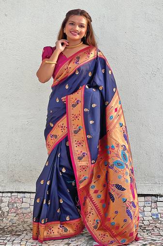 Navy blue paithani silk saree with unstitched blouse piece