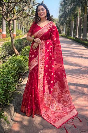 Pink zari woven organza women's saree with blouse piece