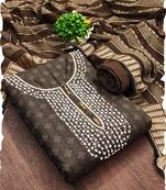 Brown cotton silk blend jacquard self design embellished kurta bottom dupatta set dress material