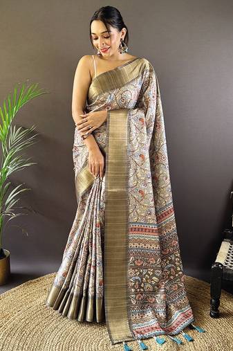 Grey digital print tussar silk saree with unstitched blouse piece