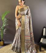 Grey digital print tussar silk saree with unstitched blouse piece