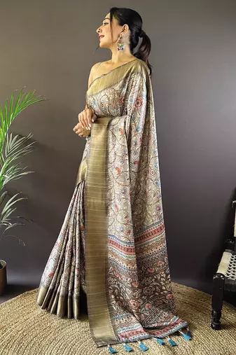Grey digital print tussar silk saree with unstitched blouse piece