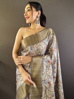 Grey digital print tussar silk saree with unstitched blouse piece 3