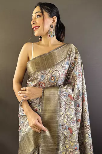 Grey digital print tussar silk saree with unstitched blouse piece