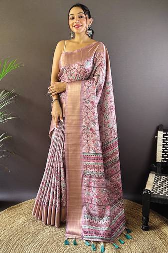 Purple digital print tussar silk saree with unstitched blouse piece