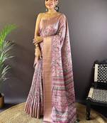 Purple digital print tussar silk saree with unstitched blouse piece