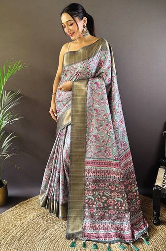 Blue digital print tussar silk saree with unstitched blouse piece