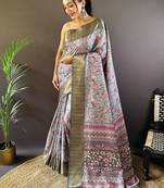 Blue digital print tussar silk saree with unstitched blouse piece