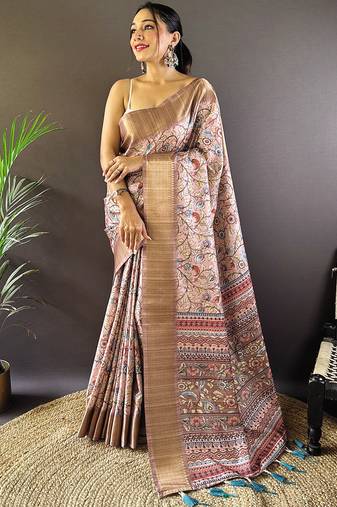 Pink digital print tussar silk saree with unstitched blouse piece