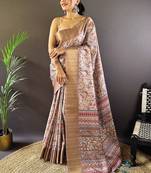 Pink digital print tussar silk saree with unstitched blouse piece