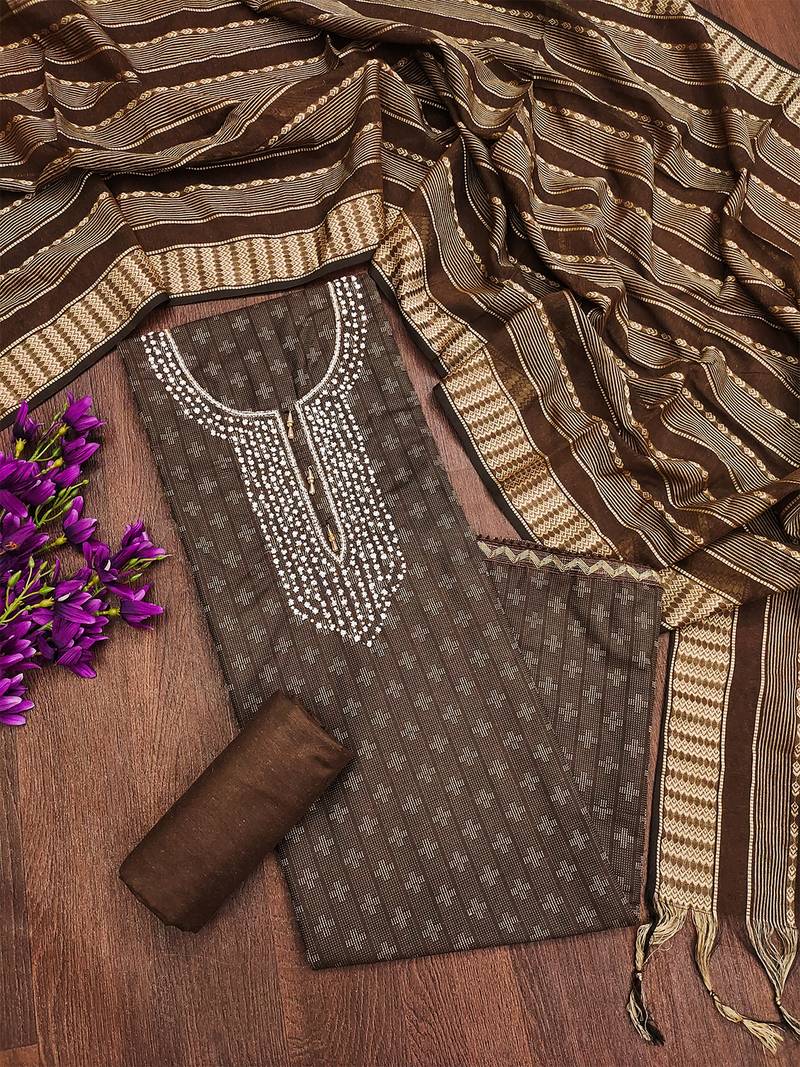 Brown cotton silk blend jacquard self design embellished kurta bottom dupatta set dress material