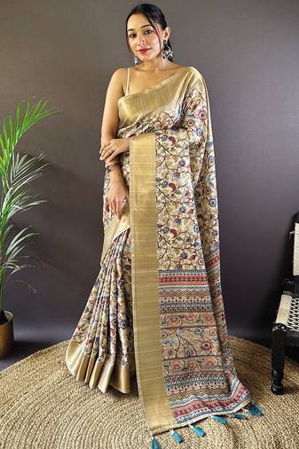 Beige digital print tussar silk saree with unstitched blouse piece