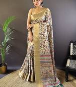 Beige digital print tussar silk saree with unstitched blouse piece