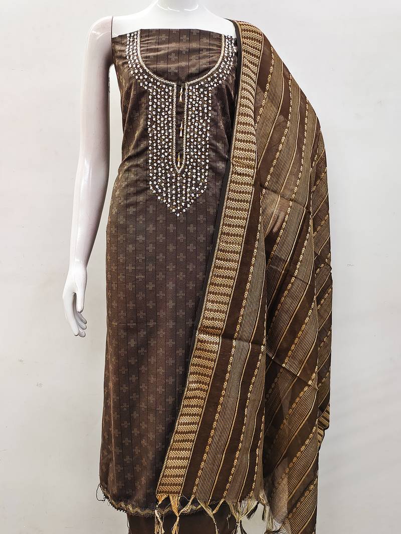 Brown cotton silk blend jacquard self design embellished kurta bottom dupatta set dress material