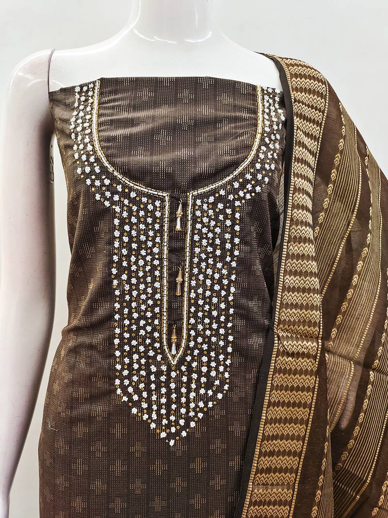 Brown cotton silk blend jacquard self design embellished kurta bottom dupatta set dress material