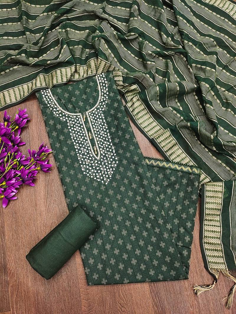 Green cotton silk blend jacquard self design embellished kurta bottom dupatta set dress material