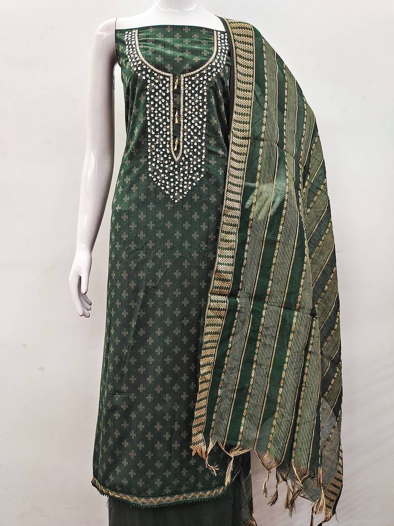 Green cotton silk blend jacquard self design embellished kurta bottom dupatta set dress material