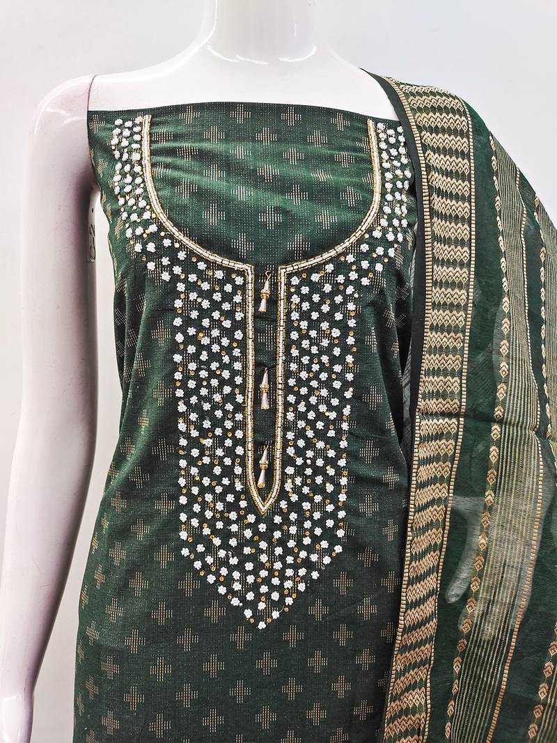 Green cotton silk blend jacquard self design embellished kurta bottom dupatta set dress material