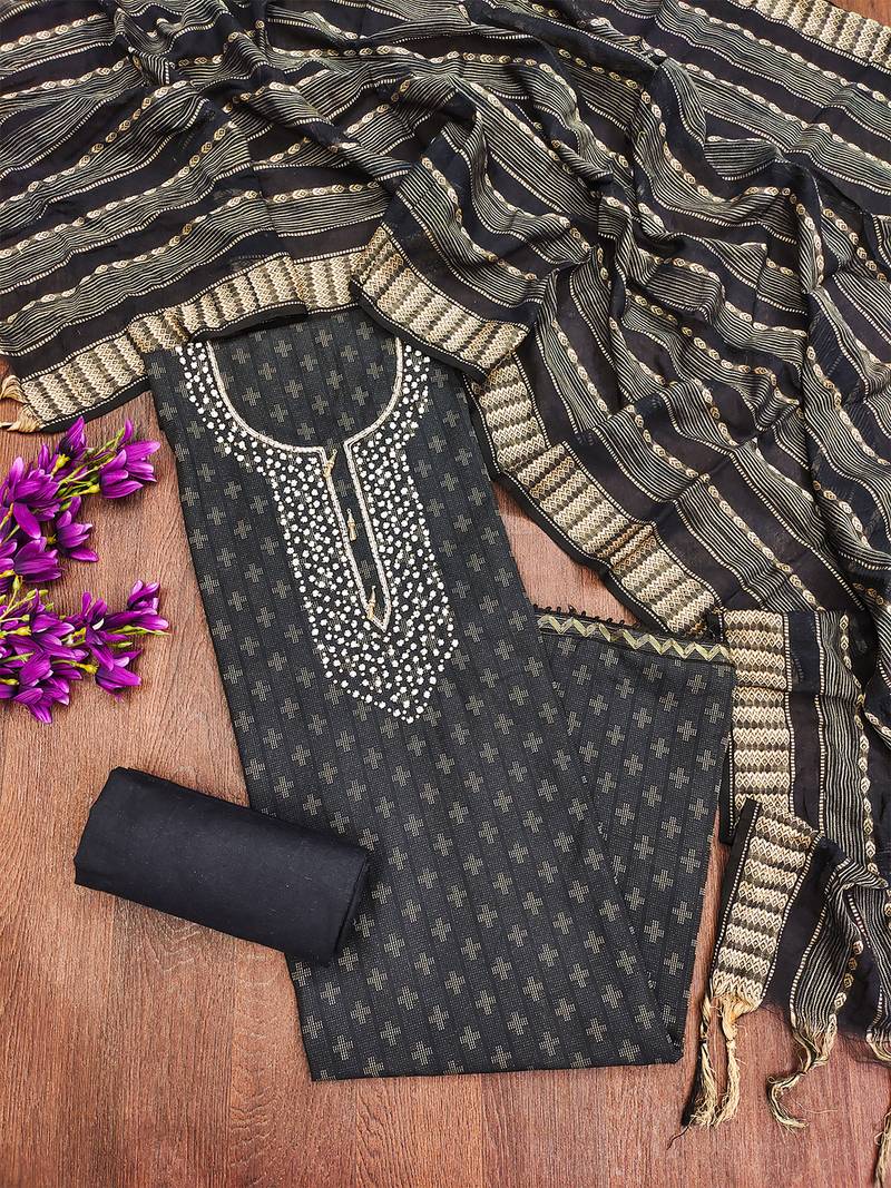 Grey cotton silk blend jacquard self design embellished kurta bottom dupatta set dress material