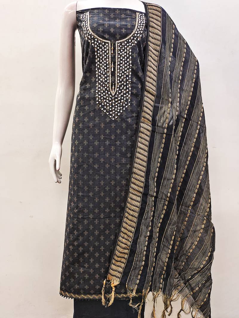 Grey cotton silk blend jacquard self design embellished kurta bottom dupatta set dress material