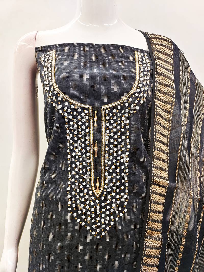 Grey cotton silk blend jacquard self design embellished kurta bottom dupatta set dress material