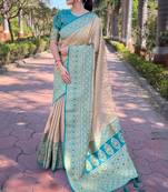 Beige zari woven pure tissue women's saree with blouse piece