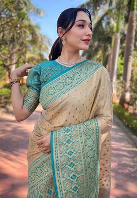 Beige zari woven pure tissue women's saree with blouse piece 3