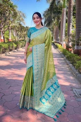 Green zari woven pure tissue women's saree with blouse piece
