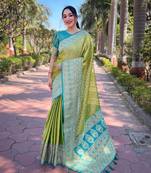 Green zari woven pure tissue women's saree with blouse piece