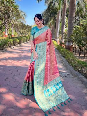 Pink  zari woven pure tissue women's saree with blouse piece 1