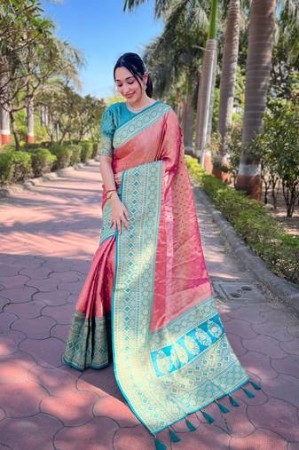 Pink  zari woven pure tissue women's saree with blouse piece