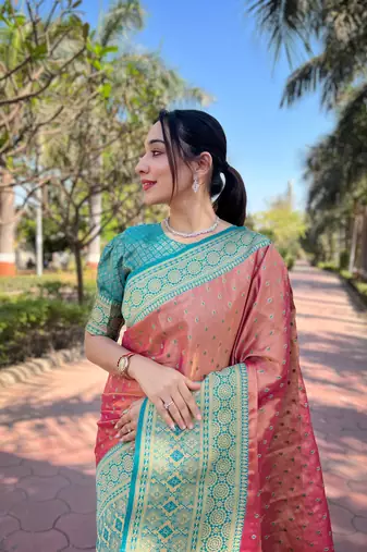 Pink  zari woven pure tissue women's saree with blouse piece