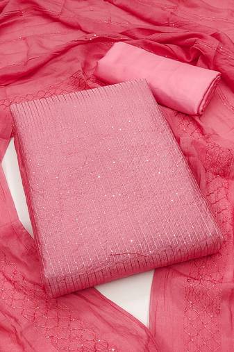 Pink chanderi cross head thread work sequins embellished striped unstitched dress material with dupatta