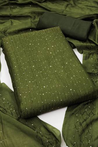 Olive green chanderi cross head thread work sequins embellished striped unstitched dress material with dupatta