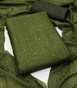 Olive green chanderi cross head thread work sequins embellished striped unstitched dress material with dupatta