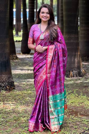 Purple patola silk saree with unstitched blouse piece