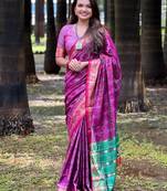 Purple patola silk saree with unstitched blouse piece