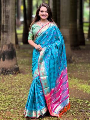 Blue patola silk saree with unstitched blouse piece 1