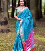 Blue patola silk saree with unstitched blouse piece